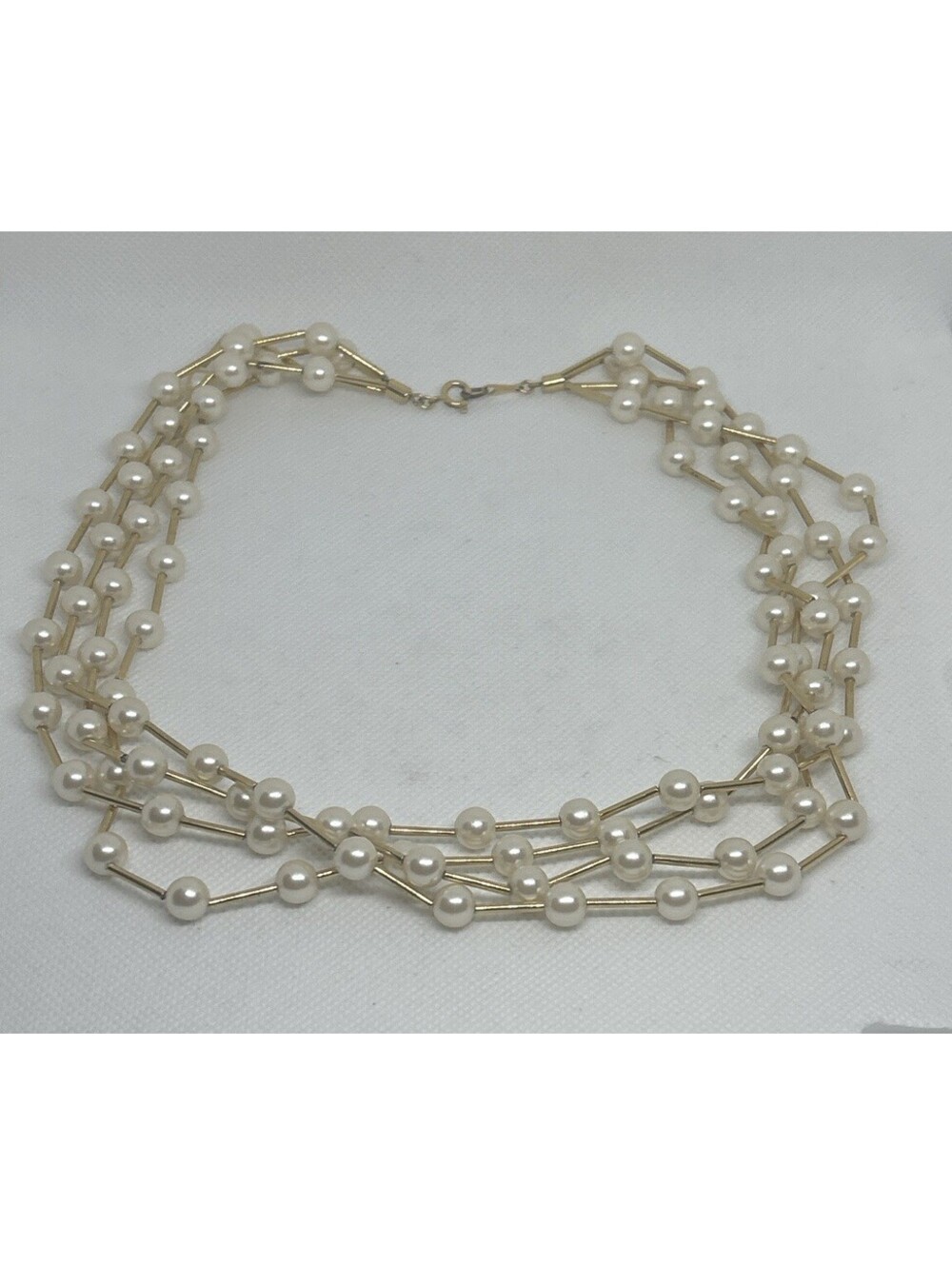 Vintage Multi Strand Faux Pearl Necklace Gold Tone Tube Beads Statement Jewelry